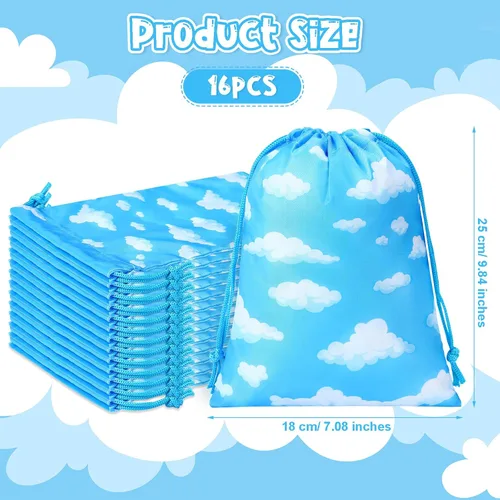 Miniatura 2 de Capoda 16 bolsas de regalo de fiesta de cielo azul, nubes blancas, pequeñas bolsas con cordón, bolsas de regalo temáticas de cielo azul, con cuerda