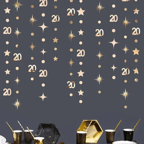 Miniatura 7 de Decoraciones negras de 20 cumpleaños número 20 círculo estrella metálica colgante serpentina telón de fondo para mujeres y hombres saludos a 20 años