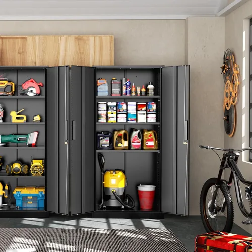 Miniatura 2 de Greenvelly Armario de almacenamiento de metal de 72 pulgadas de alto con 2 puertas y 4 estantes ajustables, gabinete de metal negro con cerradura