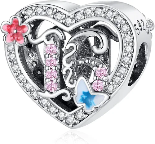 Annmors 925 Sterling Silver Charms 15 16 18 21 30 40 50 60 Years Love Birthday Charm fit European Bracelet,Number Charms with 5A Cubic Zirconia