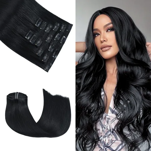 Miniatura 14 de Honsoo Extensiones de cabello humano real de color marrón con pinzas, marrón castaño, 15 pulgadas, 70 g, 7 unidades, cabello lacio sedoso y marrón