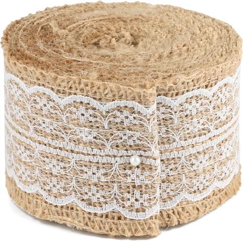 jijAcraft Rollo de cinta de arpillera de yute natural, 2.4 pulgadas x 5.5 yardas, cinta de arpillera de encaje blanco rústico para manualidades,