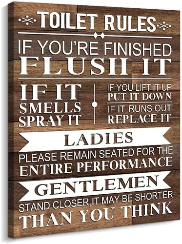 Kas Home Lienzo decorativo para baño, rústico, divertido, reglas de inodoro, letreros enmarcados con fondo de madera, imagen de alta definición,