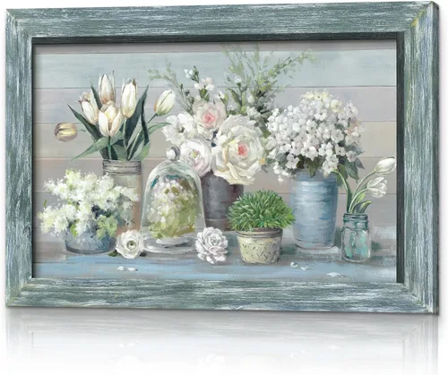 Arte de pared enmarcado floral abstracto, pintura de flores blancas rústicas, ramo botánico en jarrón, impresiones de plantas, obras de arte de