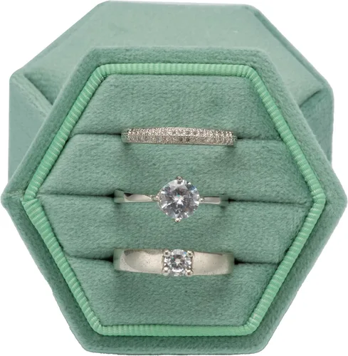 Miniatura 7 de Caja hexagonal para anillos de terciopelo con 3 ranuras para ceremonia de boda, propuesta, compromiso, cumpleaños (verde salvia)