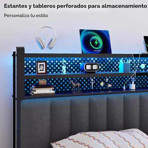 Miniatura 4 de VINGLI Cabecera LED Queen con 3 estantes de almacenamiento y estación de carga, moderna cabecera tapizada con luces RGB, puertos USB y toma de Lino