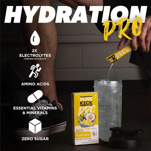Miniatura 2 de PURE KICK PRO Mezcla para bebida hidratante con electrolitos, Paleta de Piña, Coco y Fresa, 12 sobres