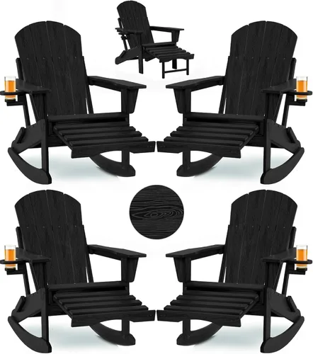 Miniatura 28 de Mecedora plegable Adirondack, silla de patio multifuncional 4 en 1 con otomana retráctil, silla de exterior con textura de madera, silla de césped