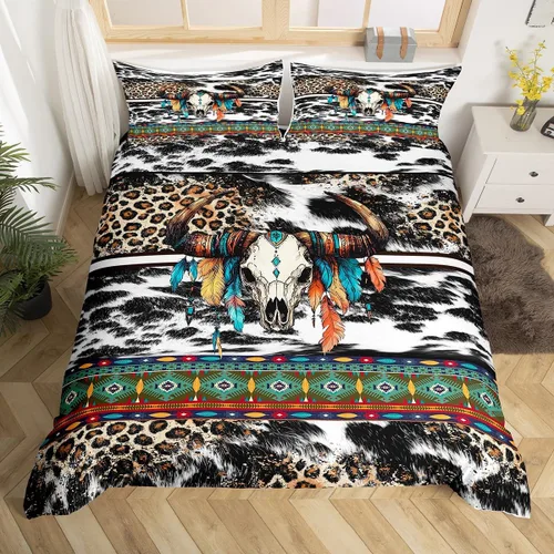 Miniatura 12 de Erosebridal Funda de edredón de piel de vaca marrón con estampado de vaca de las tierras altas, juego de ropa de cama occidental exótico azteca