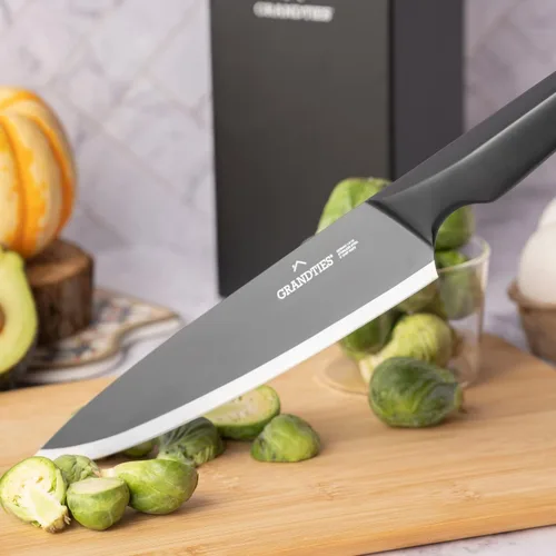 Miniatura 7 de GRANDTIES Juego de cuchillos de cocina negros antiadherentes de 7 piezas con bloque de madera y afilador, acero inoxidable alemán de alto carbono