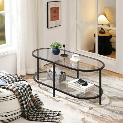 Miniatura 9 de Yaheetech Mesa de centro de cristal, pequeña mesa central negra con estante de almacenamiento para sala de estar, espacio pequeño, apartamento