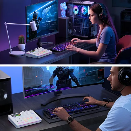 Miniatura 6 de Facmogu Mezclador de audio G9, mezclador de PC RGB de transmisión con interfaz de micrófono XLR, atenuador de volumen, botón de silencio
