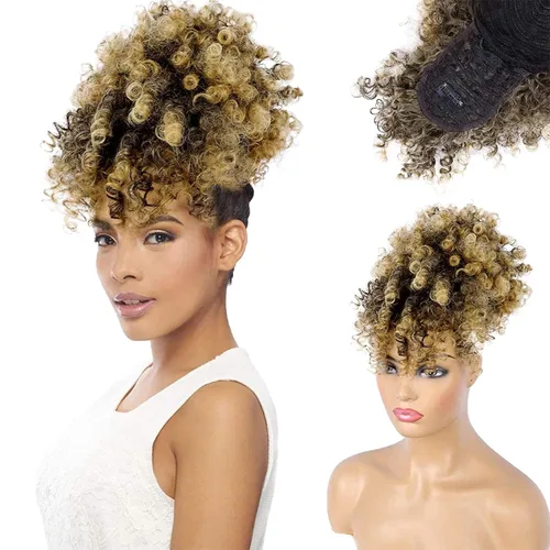Miniatura 15 de Cola de caballo con cordón y flequillo, extensiones de cola de caballo afro para mujer, cola de caballo corta y rizada con flequillo con clip para 1b