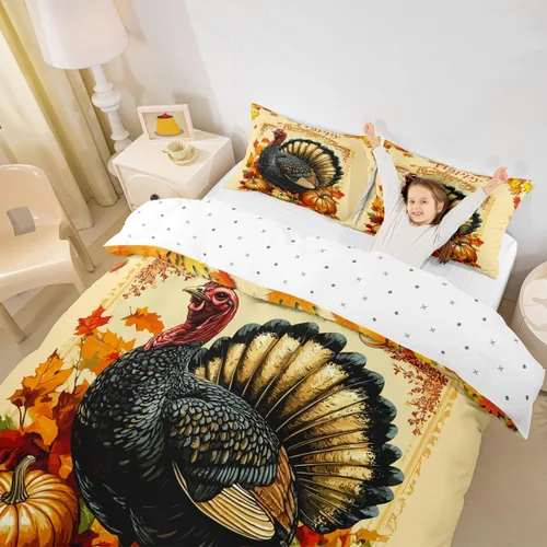 Miniatura 4 de Erosebridal Juego de funda de edredón individual de pavo de Acción de Gracias, juego de ropa de cama de calabaza y hojas de otoño para niños