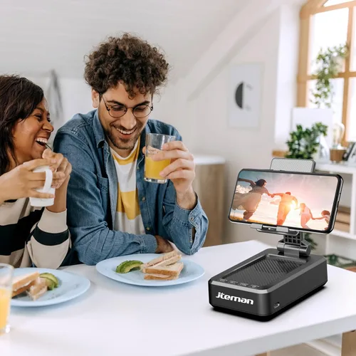 Miniatura 8 de JTEMAN Soporte para teléfono celular con altavoz Bluetooth, sonido estéreo HD y base antideslizante, soporte plegable ajustable para teléfono