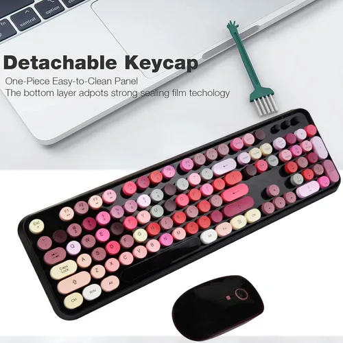 Miniatura 6 de Teclado y Ratón Inalámbricos Lindo Teclado y Ratón Coloridos con Teclado de Máquina de Escribir Retro Inalámbrico de 2.4GHz Suspensión