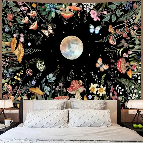 Miniatura 4 de AMM Tapiz de jardín con luna iluminada por la luna, plantas verdes botánicas, hongos, flores, tapiz para colgar en la pared, color negro