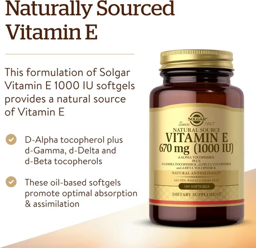 Miniatura 3 de Solgar Vitamina E 670 mg 1000 UI Mixtas de cápsulas blandas antioxidantes naturales para la piel, apoyo del sistema inmunológico de vitamina E