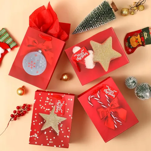 Miniatura 4 de KomoLeay Paquete de 4 bolsas de regalo de 13" de gran tamaño con patrón navideño surtido, bolsas de regalo con papel de seda para suministros