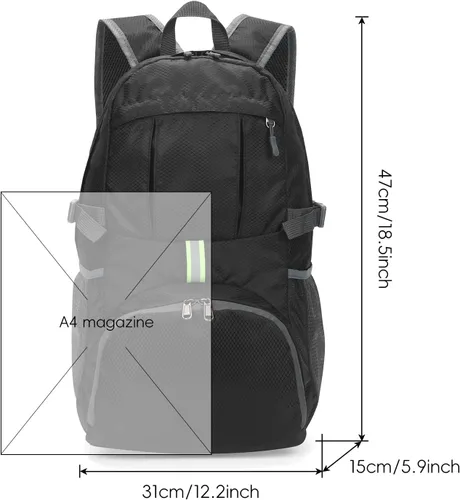 Miniatura 6 de Yaopeing Mochila ligera, plegable de 25 litros, resistente al agua, bolsa de hombro de viaje al aire libre para mujeres y hombres, color negro Azul
