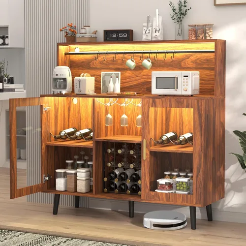 Miniatura 8 de MAGIC UNION Gabinete de bar de vinos con luz LED, barra de café para licor, gabinete de alcohol con estante de vidrio y estantes de vino extraíbles