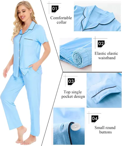 Miniatura 3 de SWOMOG conjunto de pijama de dos piezas para mujer, ropa de dormir de manga corta, con botones, pantalones largos