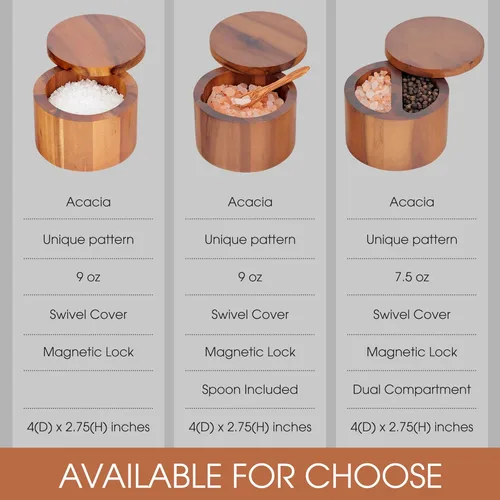 Miniatura 5 de Demigo Salero de Acacia con Capacidad de 9 Onzas, Caja de Sal de Madera con Tapa Giratoria, Conservador de Especias, Frasco de Madera para Cocina