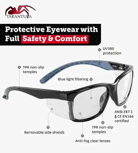 Miniatura 2 de Gafas de seguridad Tarantula Z87.1 para hombres y mujeres, patillas de TPR suave, lentes transparentes antiempañamiento, bloqueo de luz azul