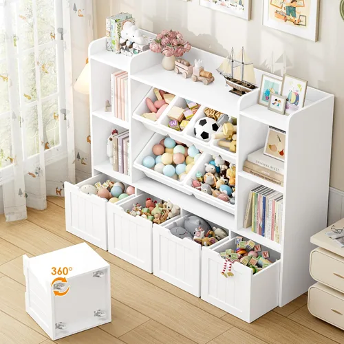 Miniatura 5 de FINETONES Organizador de almacenamiento de juguetes de 55.1 pulgadas con 6 cubos de juguetes, organizador grande de juguetes, estantería para niños