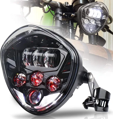 MOVOTOR - Faro delantero para motocicleta, 7 pulgadas, con abrazadera de soporte, fondo rojo, luz blanca DRL, luz alta y baja, para motocicleta