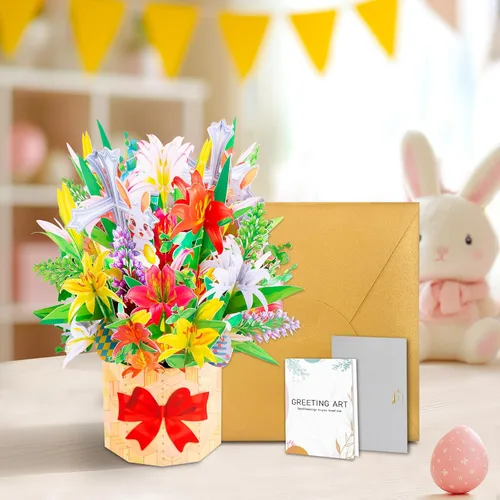 Miniatura 7 de GREETING ART Tarjeta desplegable de Pascua, diseño de ramo de conejo de cruz de lirio colorido 3D, tarjetas de felicitación de ramo de Pascua 3D