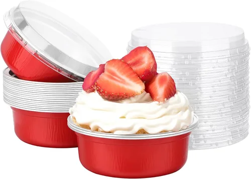 Miniatura 10 de Beasea Ramequines con tapas, 8oz 50 unidades de tazas de aluminio desechables para hornear, tazas de papel de aluminio plateado para creme brulee
