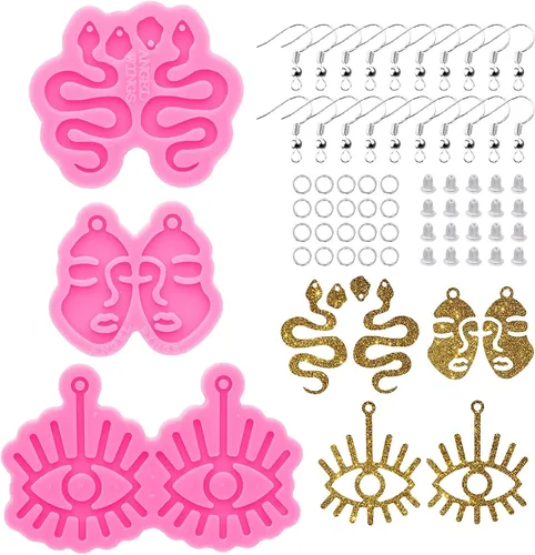 Miniatura 7 de Kit de 103 moldes de resina para aretes – Molde de silicona con forma de serpiente de cara de niña, molde de silicona epoxi para aretes con ganchos