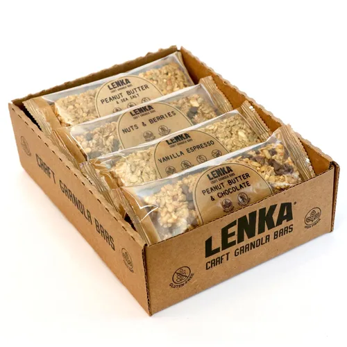 Miniatura 10 de Lenka Discovery - Paquete de 12 bocadillos de granola con alto contenido de fibra, caramelo salado, bayas omega, vainilla expreso, mantequilla