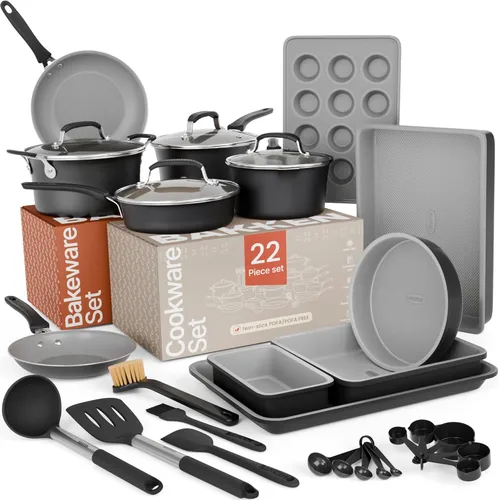 Juego de ollas y sartenes de 22 piezas, juego de utensilios de cocina y horneado antiadherentes con patrón de cuadros, diseño apilable, apto para