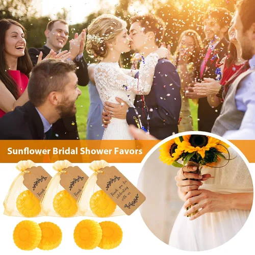 Miniatura 6 de Demissle Juego de 50 recuerdos de fiesta de boda, regalos de jabón de girasol para invitados con etiqueta de agradecimiento, bolsas de regalo