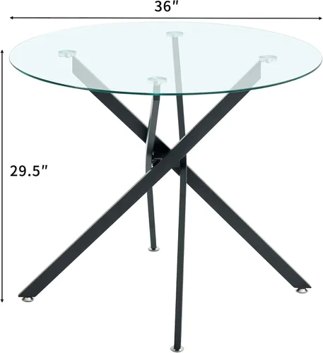 Miniatura 2 de Mesa de comedor redonda de 36 pulgadas para 4, mesa de comedor contemporánea de vidrio templado, mesa de comedor pequeña con base de metal de cruz