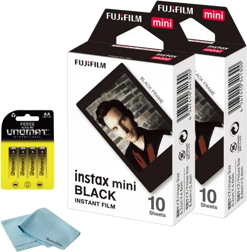FUJIFILM Película instantánea Instax Mini negra (20 disparos) + 4 pilas AA + paño de limpieza de microfibra BluebirdSales - Paquete de fotografía