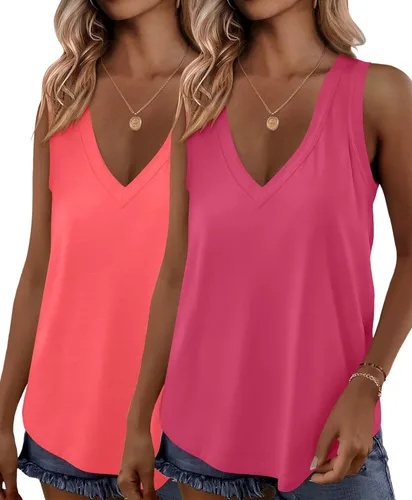 Miniatura 9 de KKJ Paquete de 2 camisetas sin mangas para mujer, cuello en V, camisetas de verano sin mangas, ajuste holgado, casual, trajes de vacaciones, camisas
