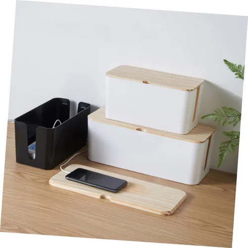 Miniatura 9 de Cable Storage Box with Natural Wood Lid Medium Black Power Line Organizer Household Wire Storage Case for Charging Cables and Socket Management for