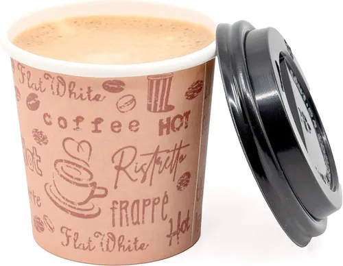 Vasos de papel espresso desechables de 4 onzas con tapas negras, 50 juegos, impresión, tomas de muestra de porciones pequeñas (50, impresión)