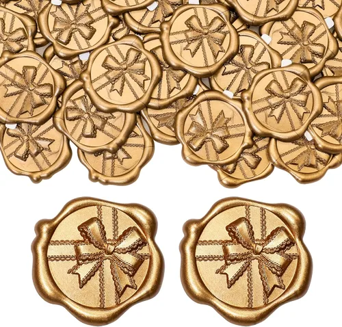 SWANGSA 50 Pcs 3D Bow Wax Seal Stickers, Antique Gold Self Adhesive Wax Seal Stickers for Wedding Party Invitations, Envelopes, Greeting Cards, Gift