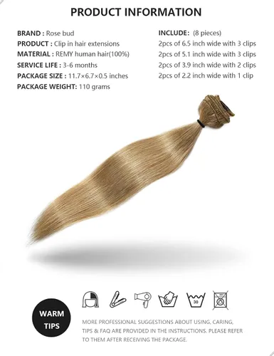 Miniatura 5 de Rose bud REMY - Extensiones de cabello humano con broches, 18 clips, 14 pulgadas, color rubio oscuro, 8 unidades, 2.42 onzas 27# Rubio oscuro