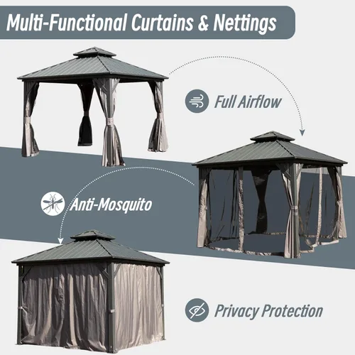 Miniatura 6 de Domi - Cenador permanente de metal con techo rígido de 8 x 8 pies, con doble techo de acero galvanizado, cortinas y malla para fiestas, bodas, Gris