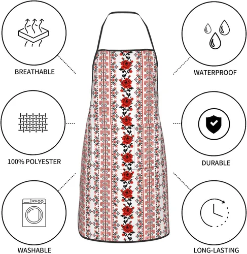 Miniatura 6 de Delantal de chef para hombres y mujeres, estilo bordado ucraniano, color rosa, delantales unisex con cintura ajustable para cocinar, jardinería