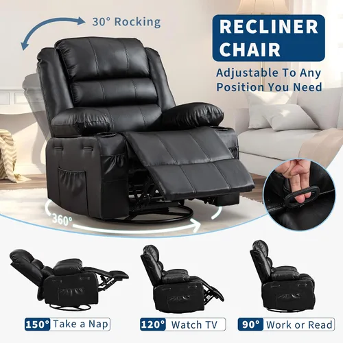 Miniatura 4 de Silla reclinable mecedora para adultos, giratoria de 360°, con portavasos y asiento profundo tapizado, de piel sintética, cómodo sofá individual