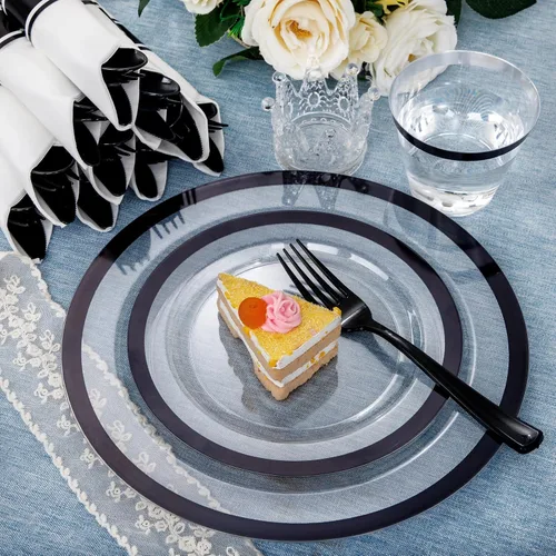 Miniatura 6 de I00000 Juego de 210 platos de plástico transparente y negro, juego de vajilla desechable, incluye 30 platos de cena, 30 platos de postre, 30 vasos
