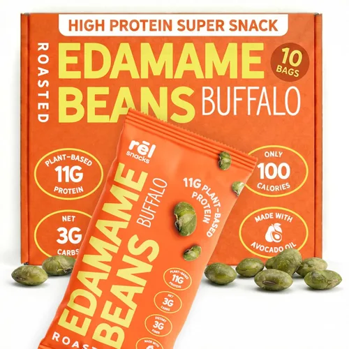 Rēl Snacks - Edamame tostado al estilo Buffalo – Snack alto en proteínas y bajo en carbohidratos (11g de proteína por porción) – Apto para dieta