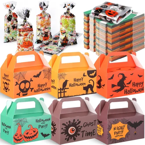 Miniatura 8 de ReliThick Paquete de 80 cajas de golosinas de Halloween con bolsas de celofán, cajas de dulces de galletas para golosinas de fantasma, bolsa