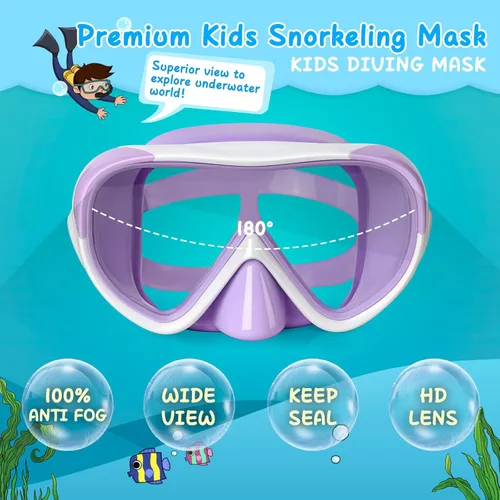 Miniatura 2 de Máscara de natación para niños, máscara de buceo de esnórquel de 180°, gafas de natación antivaho para niños con cubierta para la nariz, gafas